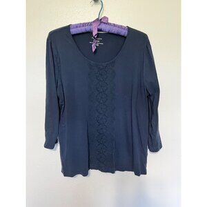 VanHuesen Knit Top Navy with Crochet Stripe in Front 3/4 Sleeves Womans Size XL